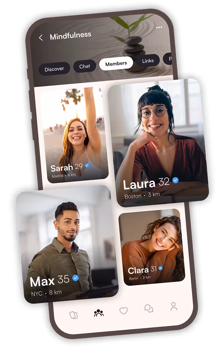 Jaumo mobile app showing community member profiles with verified users and shared interests