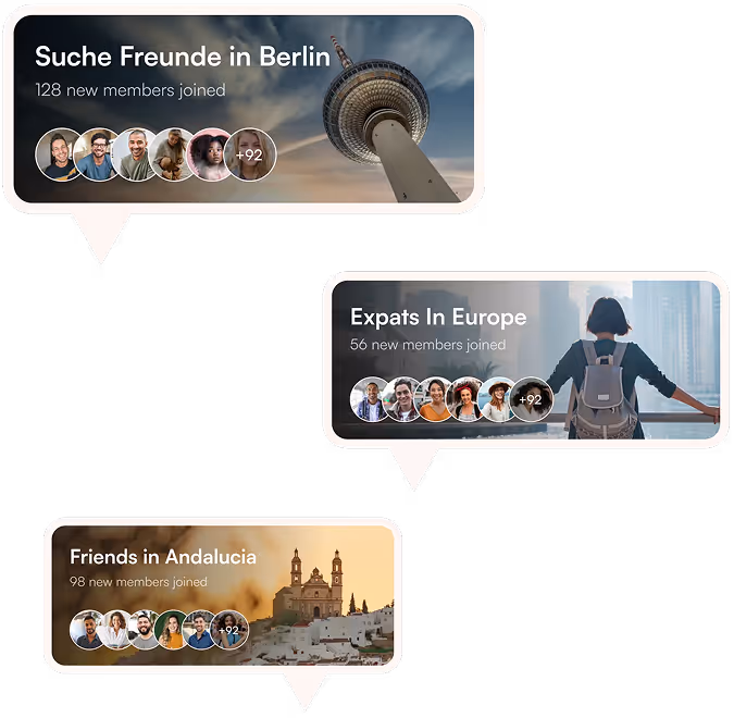 Location-based Jaumo communities showing groups in Berlin, Europe, and Andalusia with member avatars