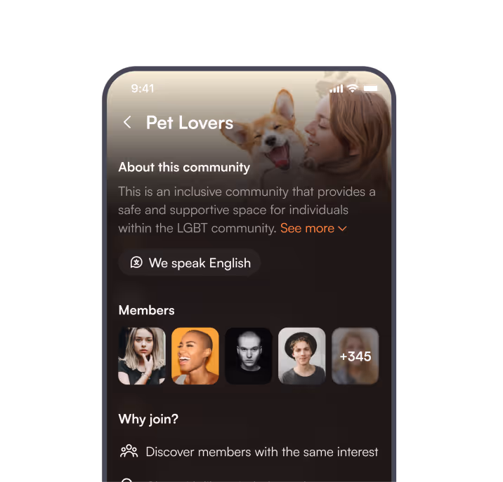 Jaumo mobile app showing Pet Lovers community with member profiles and shared interests