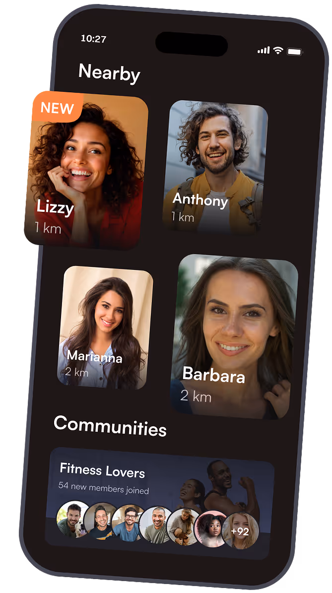 Jaumo dating app interface showing nearby profiles and interest-based communities on a smartphone screen