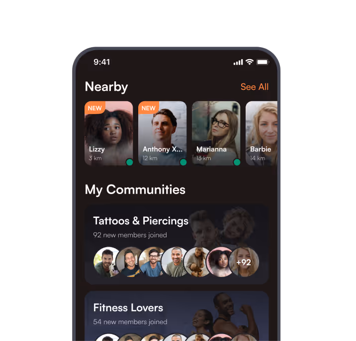 Jaumo mobile app showing nearby profiles and interest-based communities on the home screen