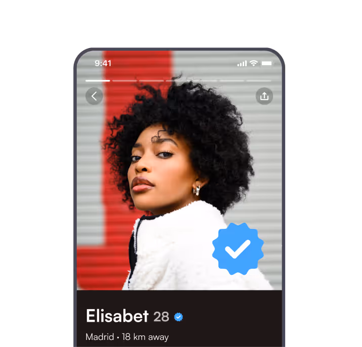 Jaumo dating app showing a verified user profile with blue checkmark, indicating authentic connections