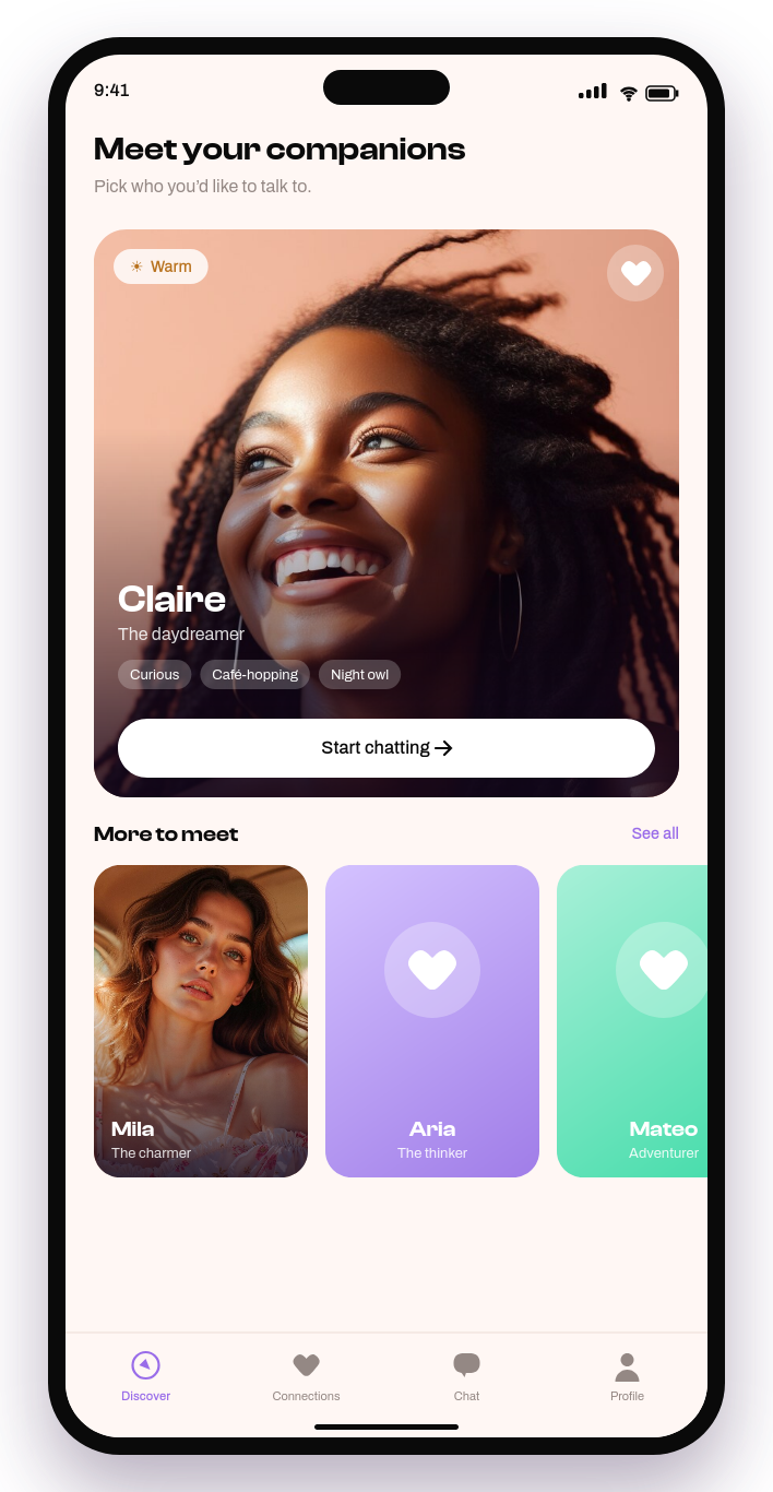 Vilo character picker showing AI characters with distinct personalities