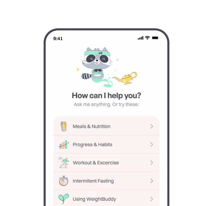 WeightBuddy Buddy AI assistant chat interface showing help categories and support options for fitness guidance