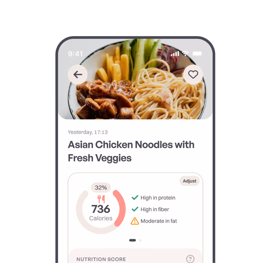 WeightBuddy mobile app displaying meal tracking with photo of salad bowl and calorie and nutrition details