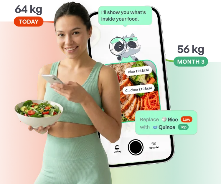 Woman using the WeightBuddy app to track meals and weight loss progress on a smartphone